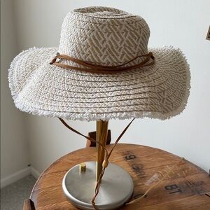 Panama Jack Woven Cream Hat with  Adjustable Brown leather chin strap